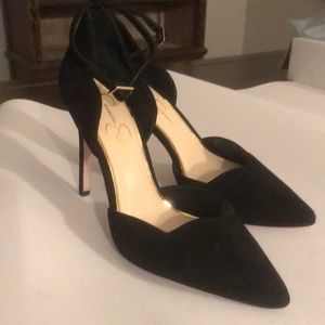 Black suede high heels with ankle straps, gold tone clasps by Jessica Simpson